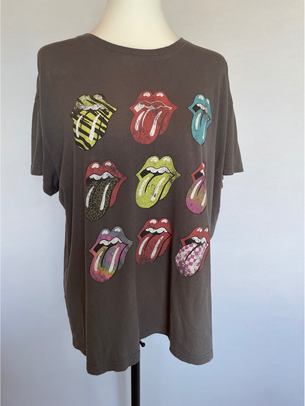 Rolling Stones Tongue Logo Graphic T-Shirt Women's L Gray Y2K Rockstar Grunge